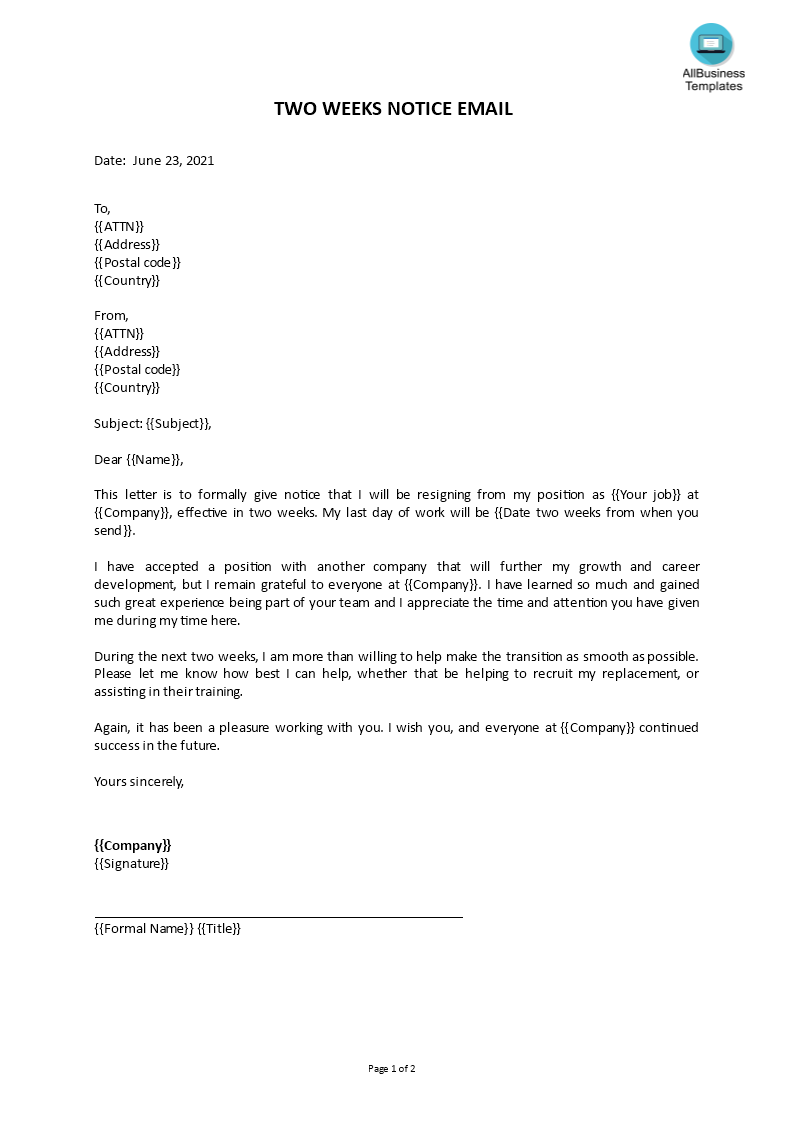Kostenloses Resignation Letter 30 week notice