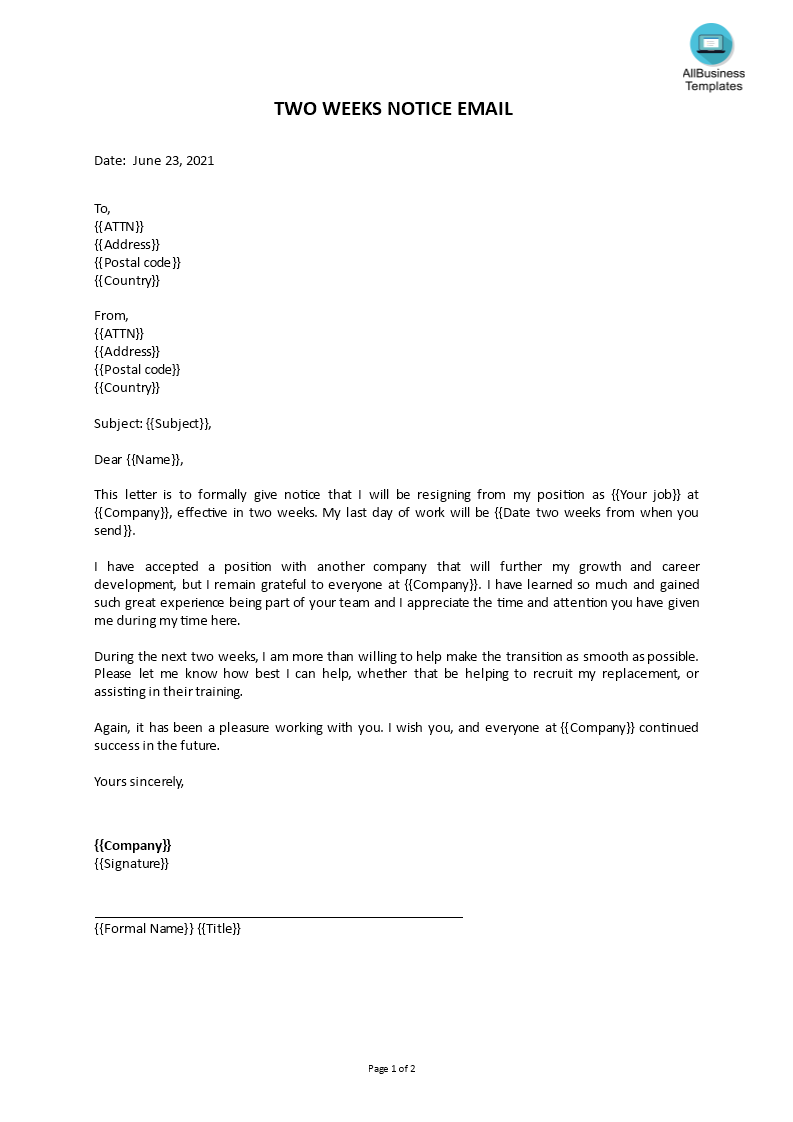 resignation letter 2 week notice voorbeeld afbeelding 