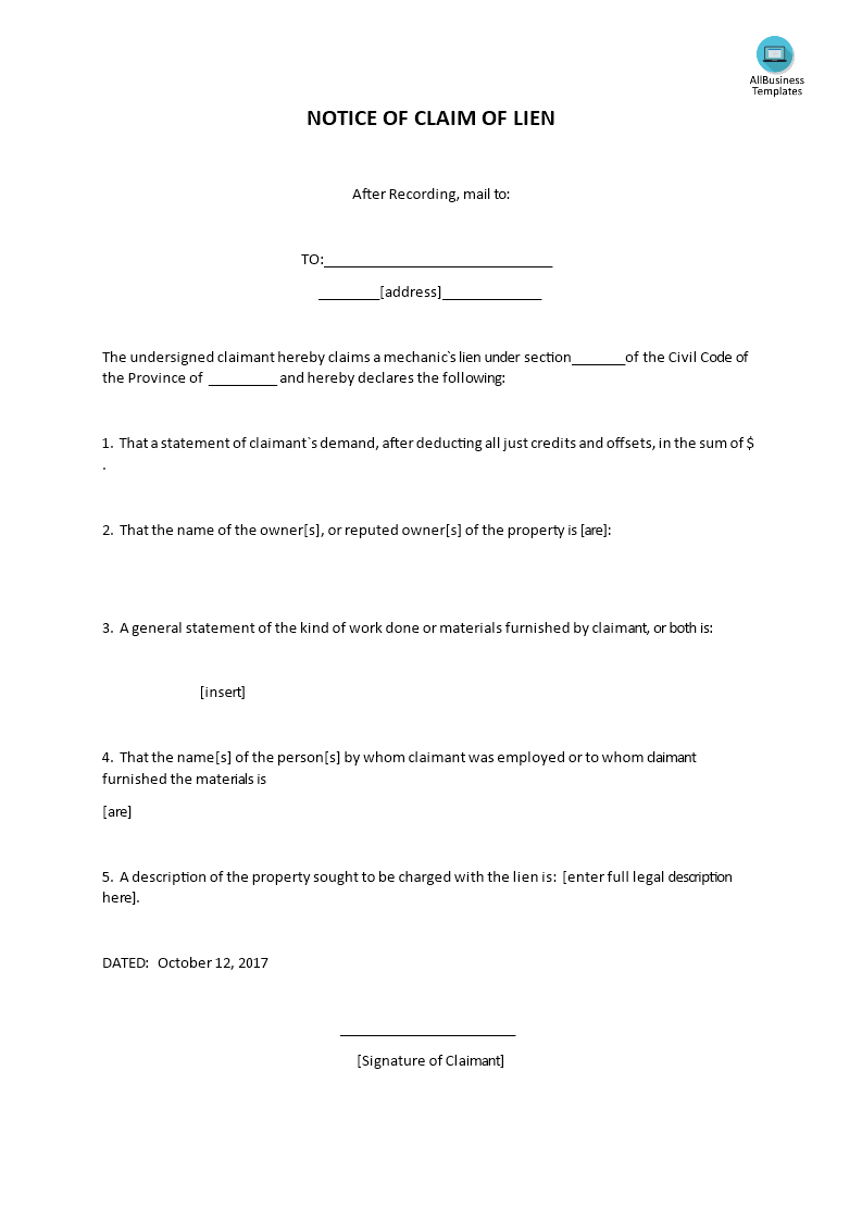 notice of claim of lien template