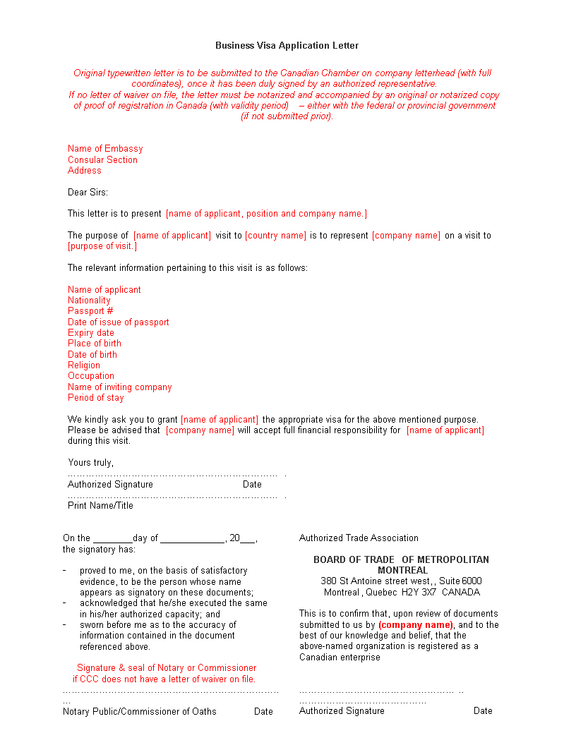 company visa application letter template