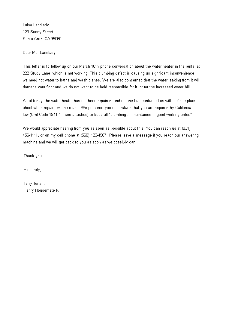 Kostenloses Repair Complaint Letter To Landlord