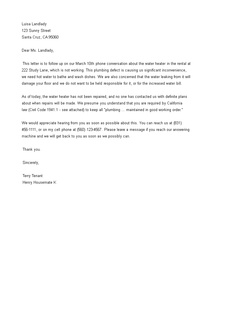 repair complaint letter to landlord template