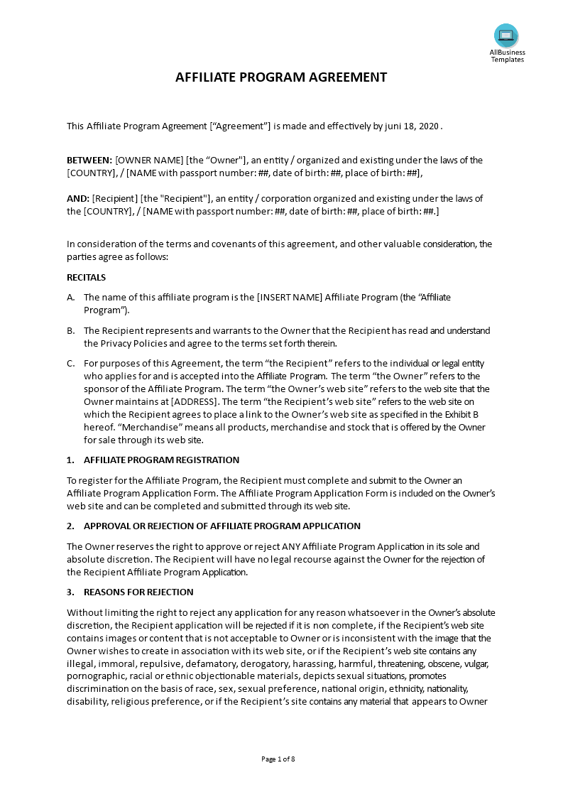 affiliate program agreement example template