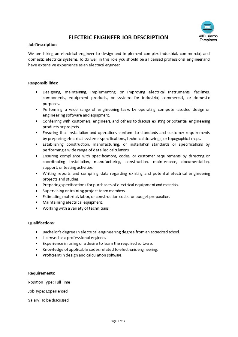 electric engineer job description template