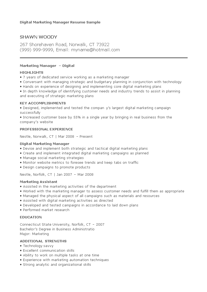 digital marketing manager resume sample template