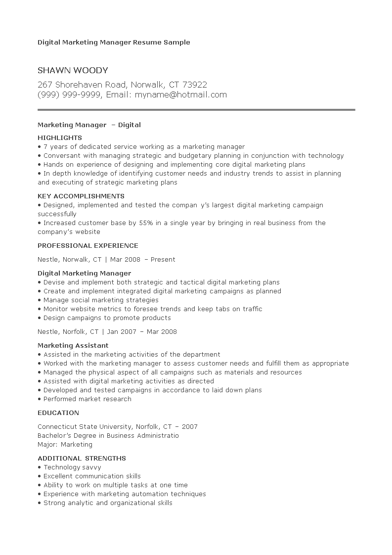 digital marketing manager resume sample Hauptschablonenbild