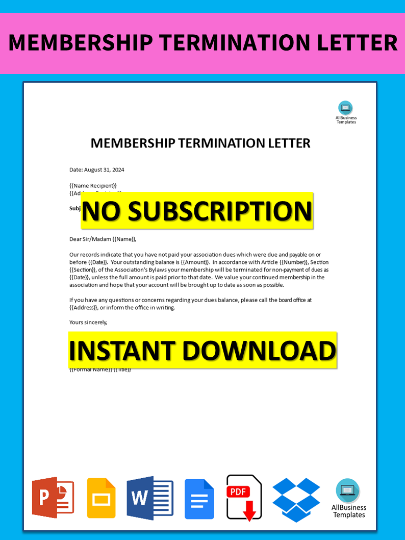 sample membership termination letter template