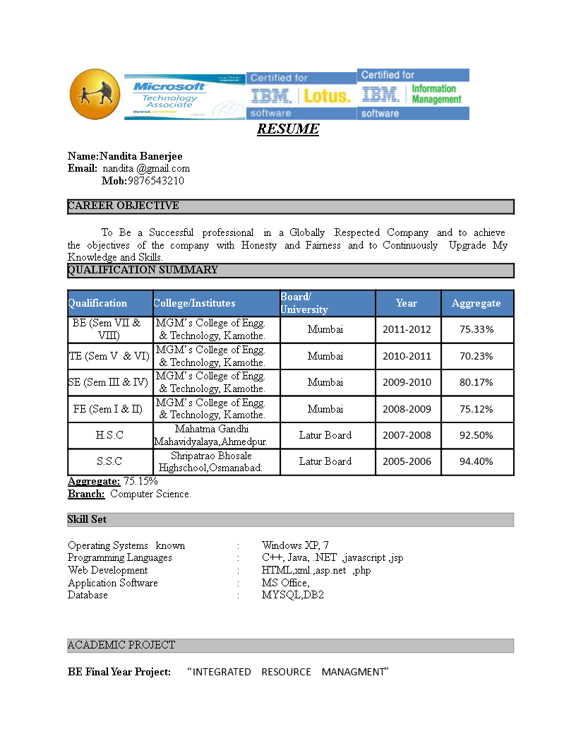 Freshers Resume Format In Word main image