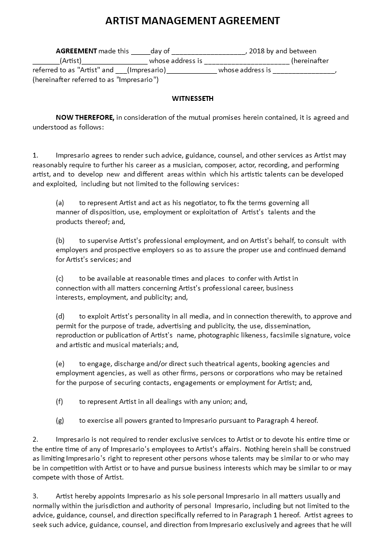 Kostenloses Artist management agreement With Regard To Business Management Contract Template