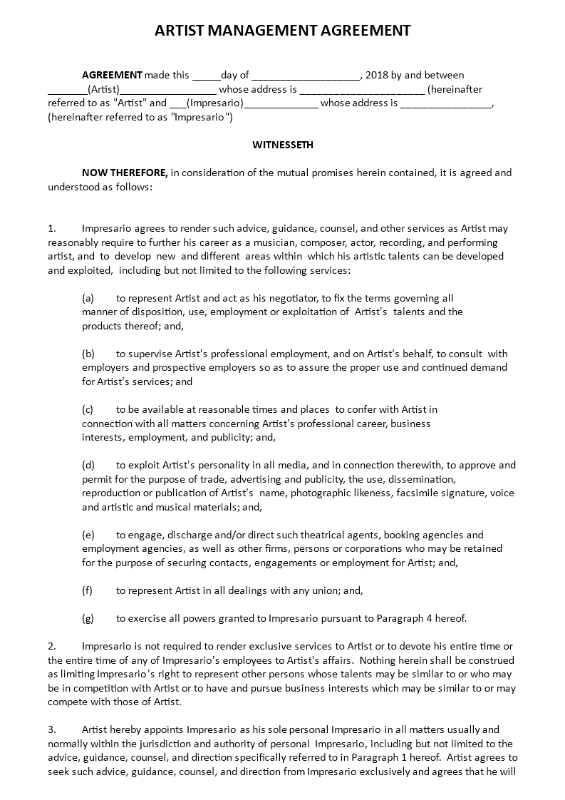 Kostenloses Artist management agreement Regarding talent management agreement template Kostenloses Artist management agreement Regarding talent management agreement template