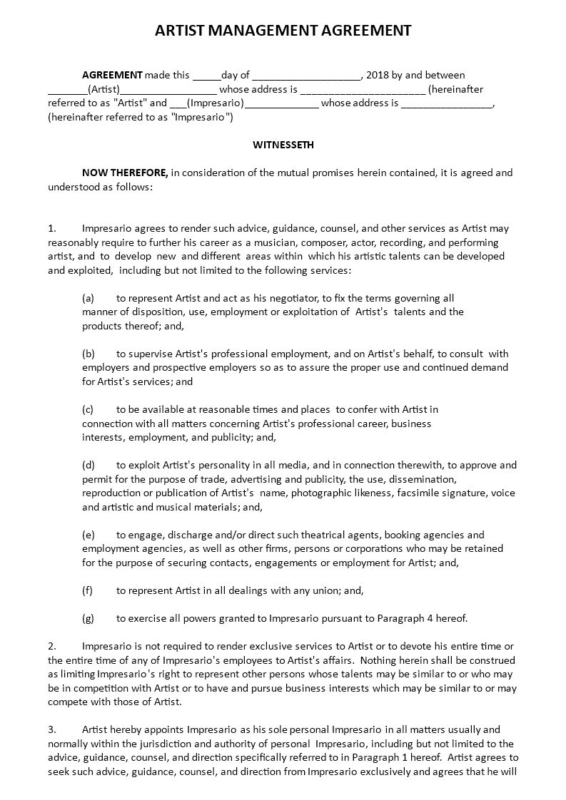 artist management agreement modèles