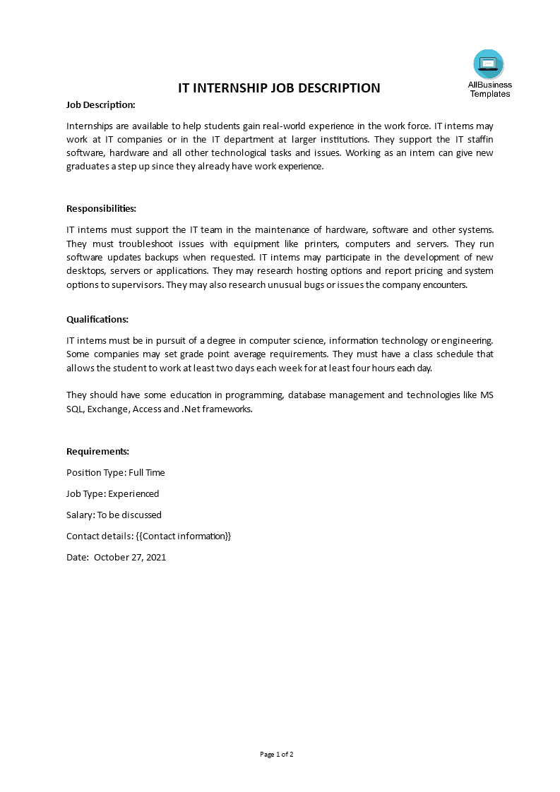 it internship job description modèles