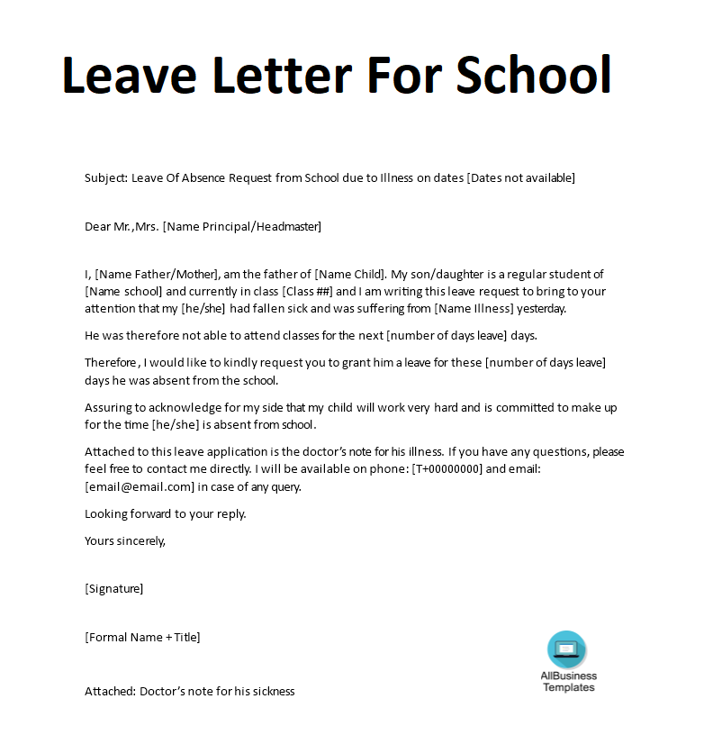 leave letter for school modèles