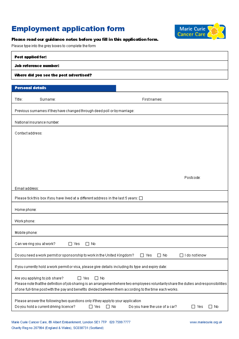 general application employment word template