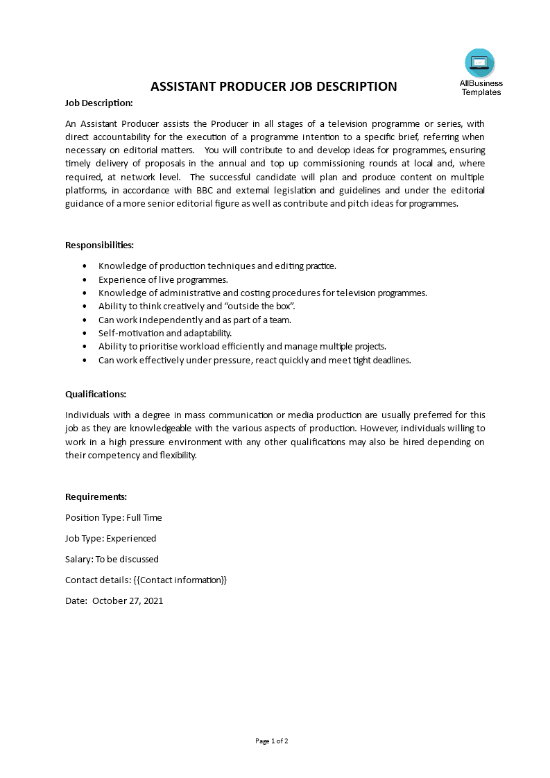 assistant producer job description plantilla imagen principal