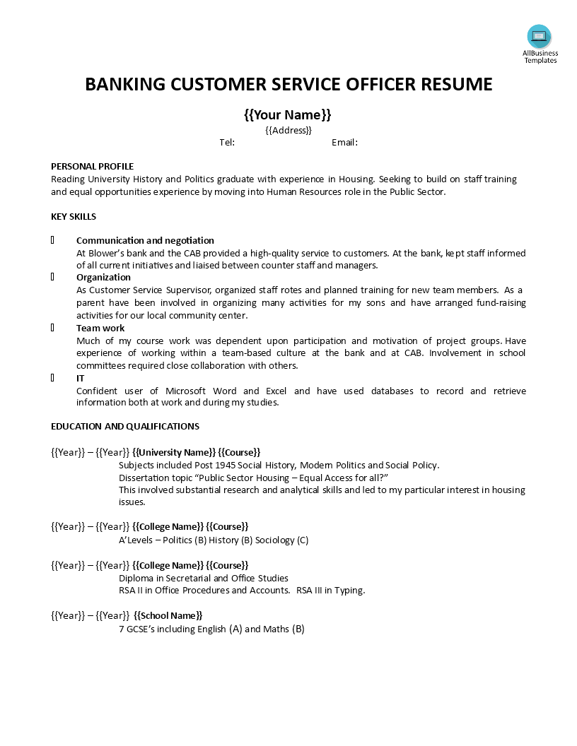Banking Customer Service Officer Resume 模板