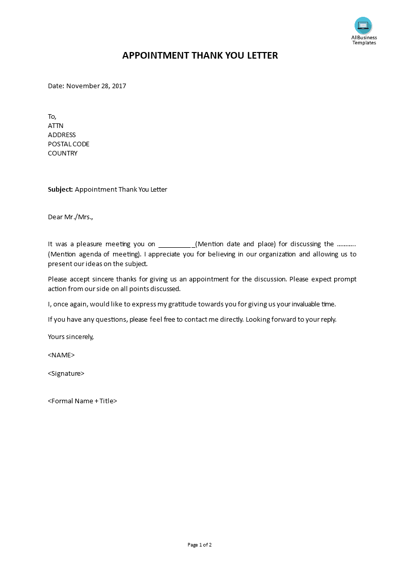 Kostenloses Appointment Thank You Letter