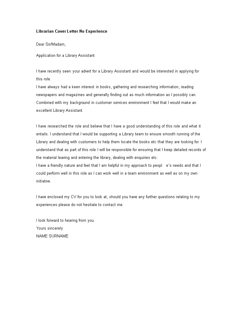 Librarian Cover Letter No Experience Templates At Allbusinesstemplates Com