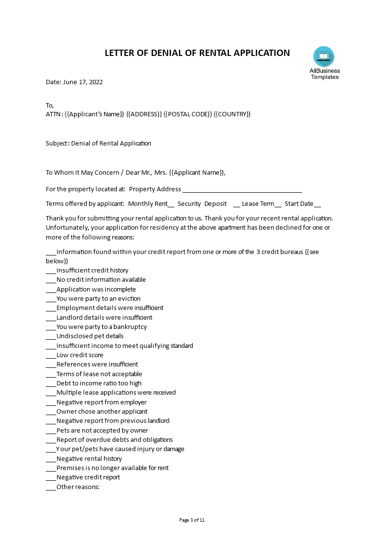 Standard Tenant Rejection Letter Modèle Professionnel