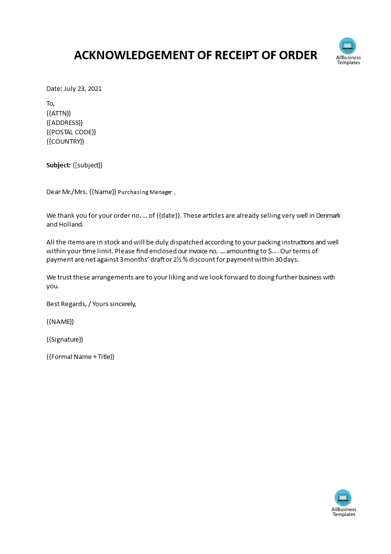 acknowledgement order letter template