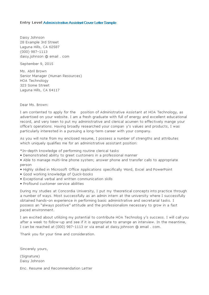 entry-level administrative assistant application cover letter template