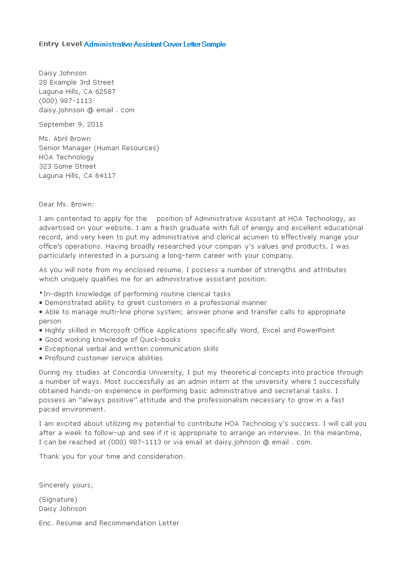 entry-level administrative assistant application cover letter plantilla imagen principal