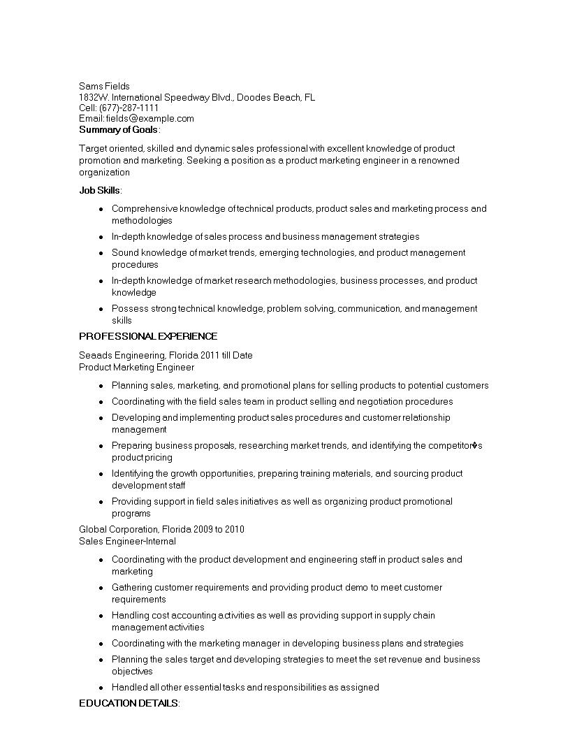 Product Marketing Engineer Resume 模板