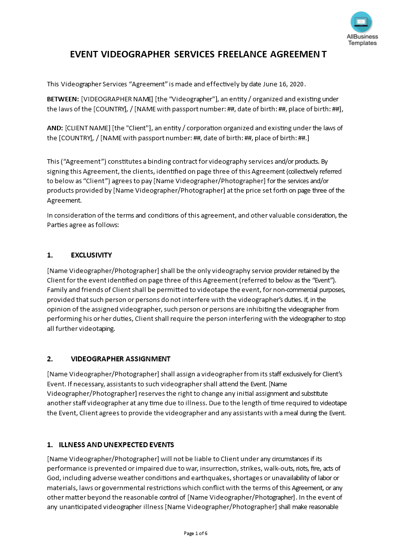 Freelance Videographer Contract Templates at