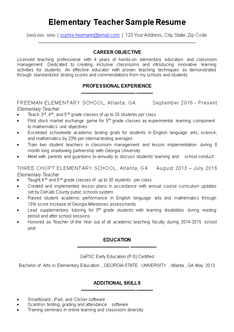 elementary teacher 3/4/5th grade cv sample template