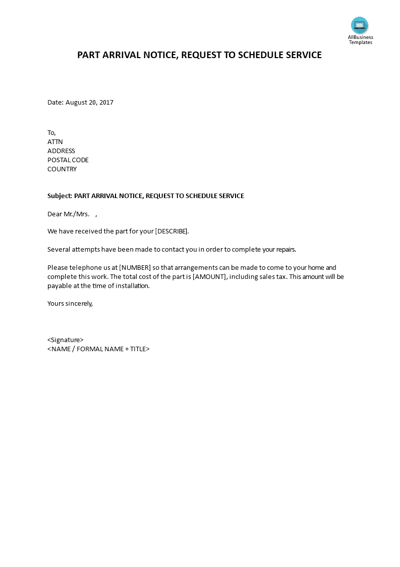 part arrival notice, request to schedule service Hauptschablonenbild