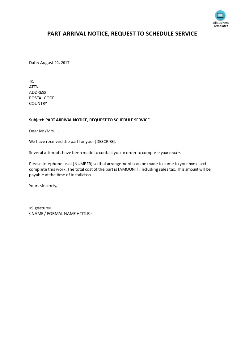 part arrival notice, request to schedule service voorbeeld afbeelding 