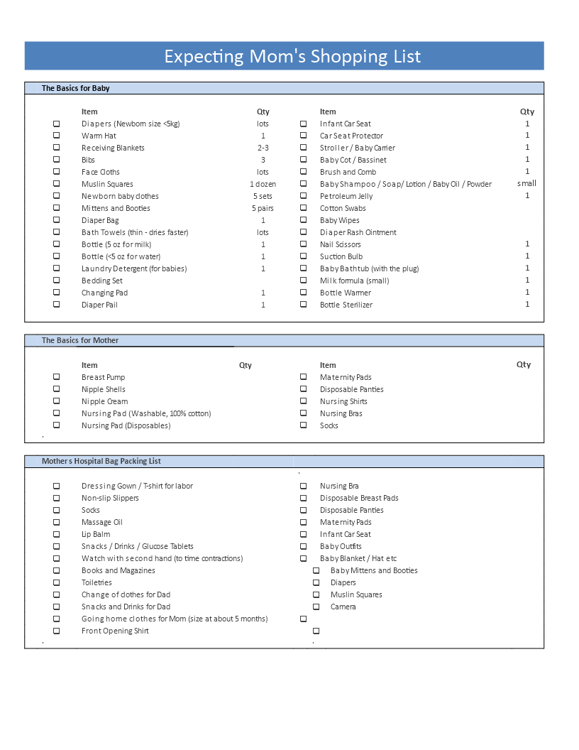 baby preparation shopping list example template