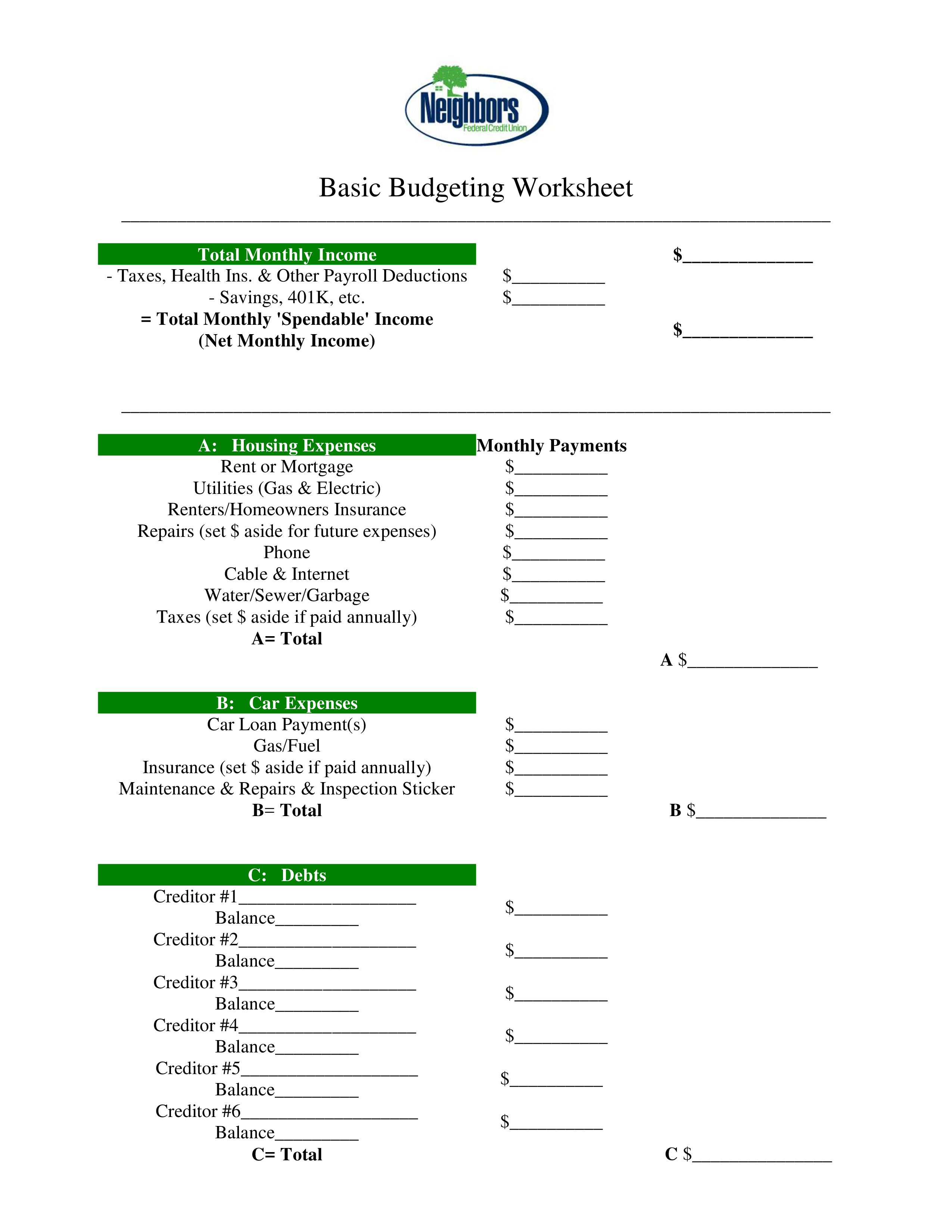 basic budget printable template