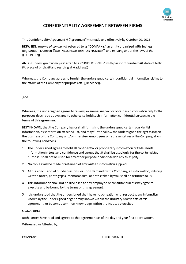 confidentiality agreement between firms voorbeeld afbeelding 