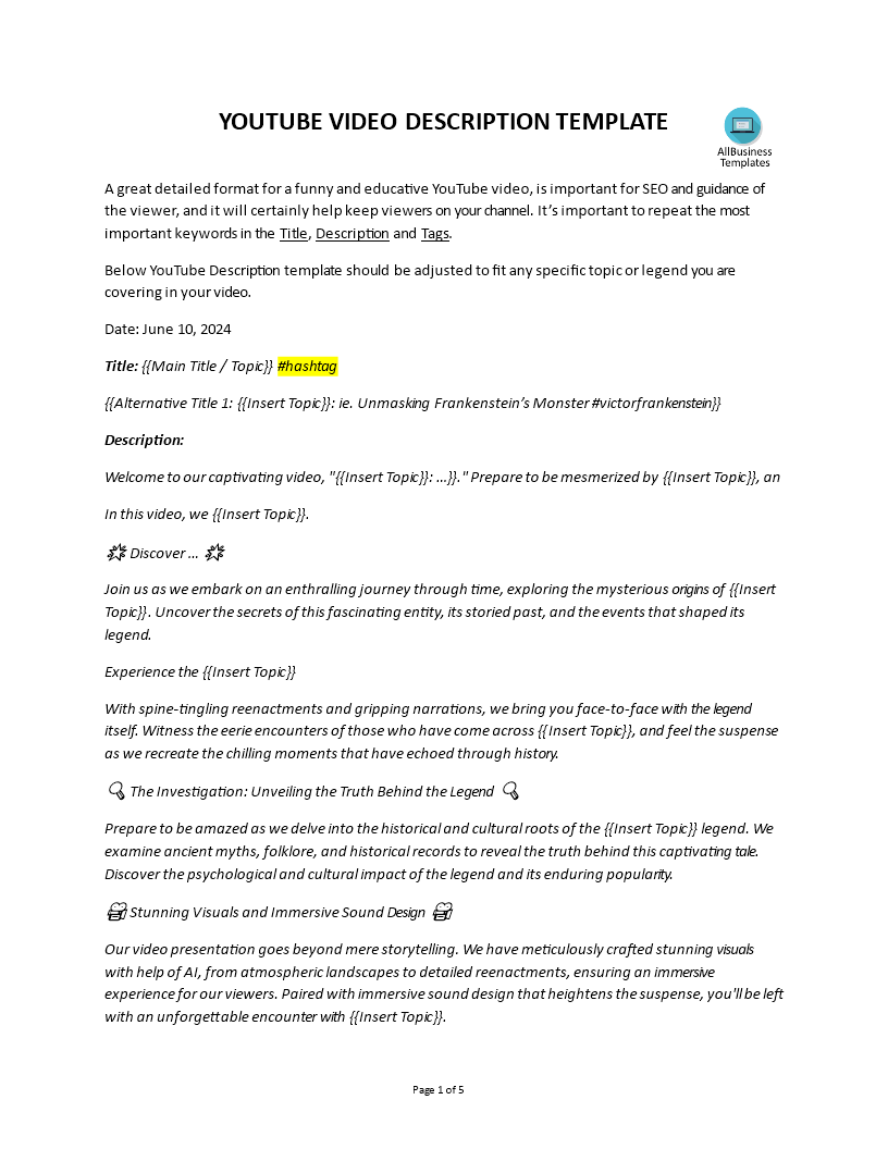 youtube video description template