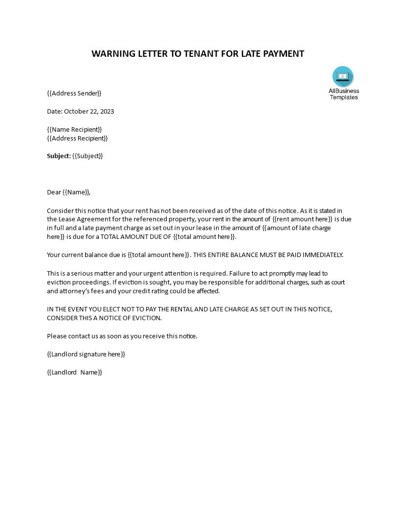 warning letter to tenant for late payment voorbeeld afbeelding 