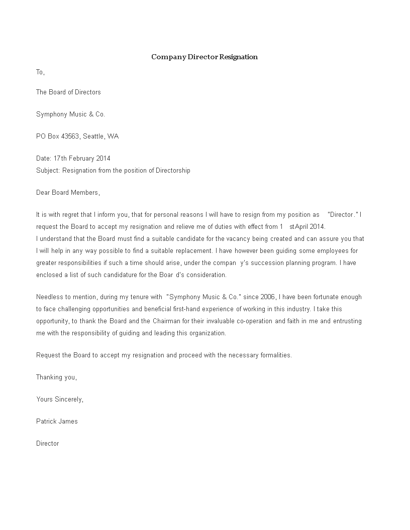 Company Director Resignation Letter Format Templates at
