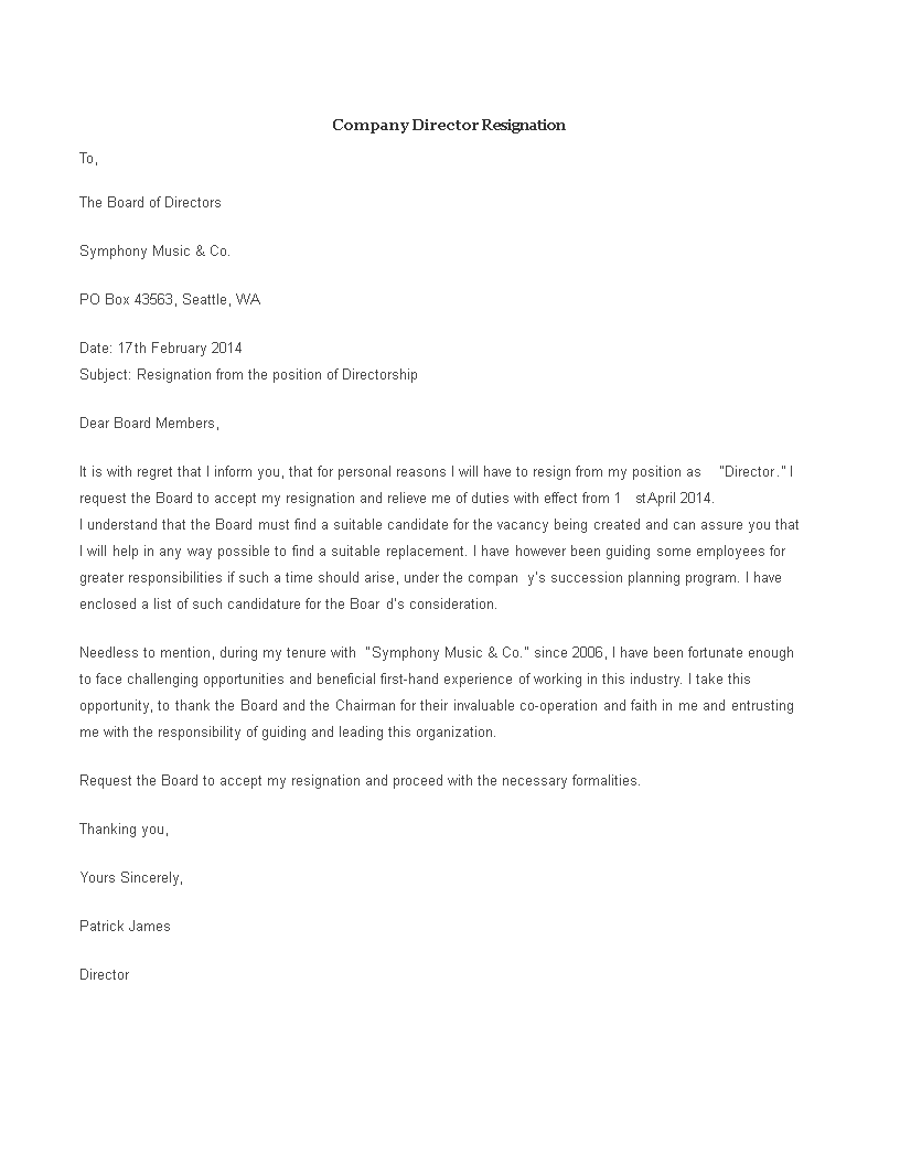 Kostenloses Company Director Resignation Letter Format