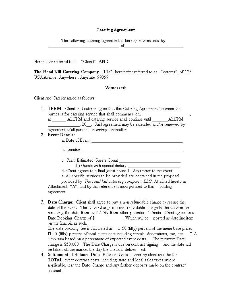 Catering Agreement Example  Templates at allbusinesstemplates Within Catering Contract Template Word