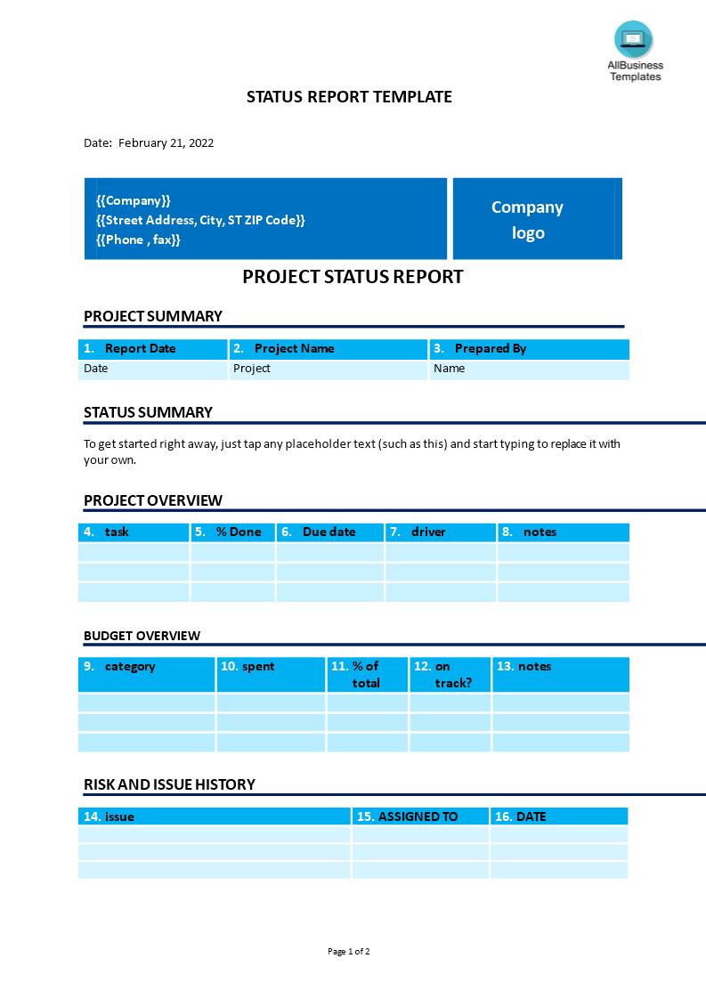 status report template template