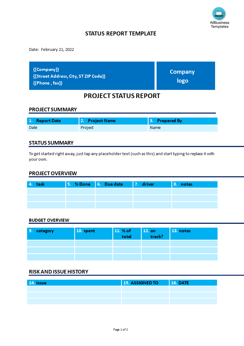 status report template Hauptschablonenbild