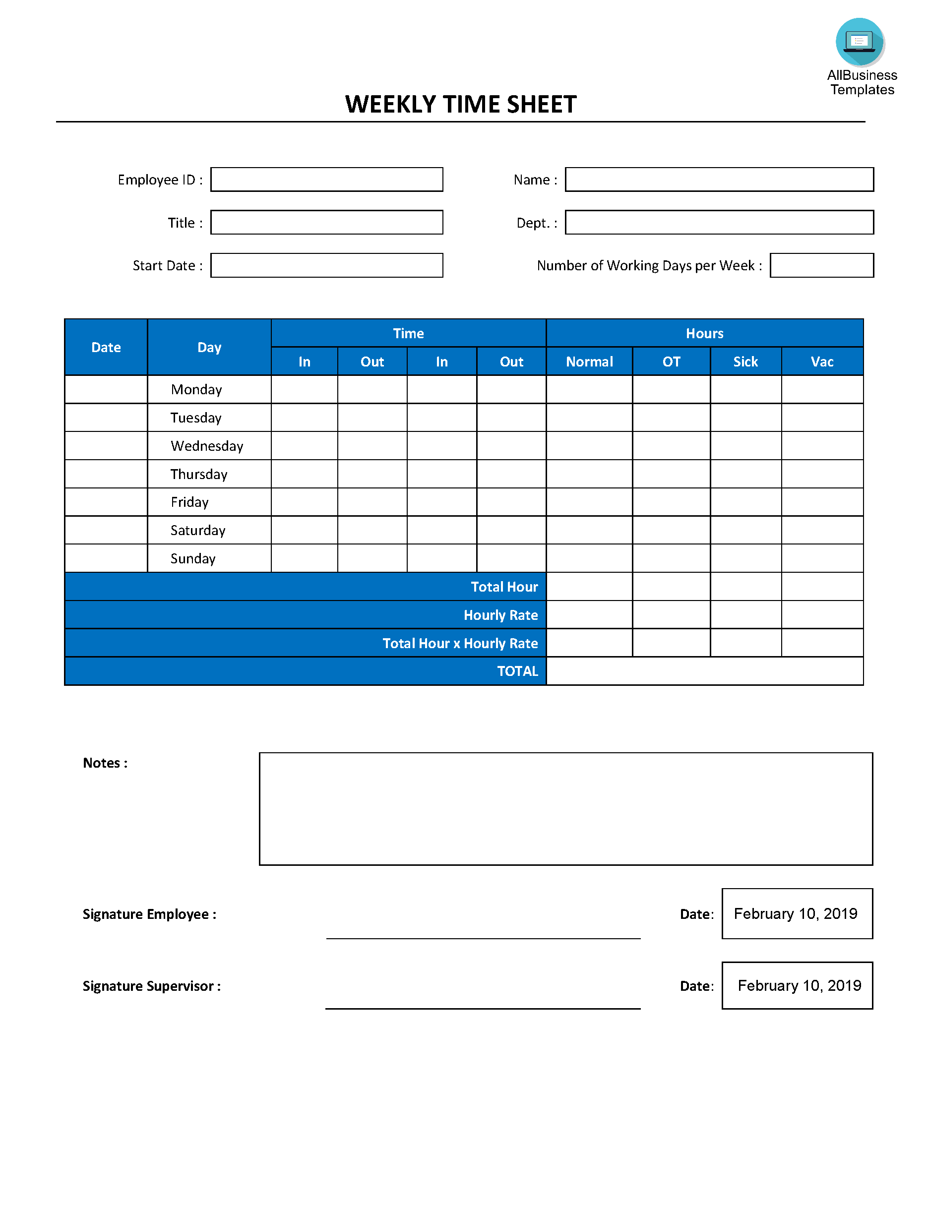 Weekly Time Sheet Registration Form main image