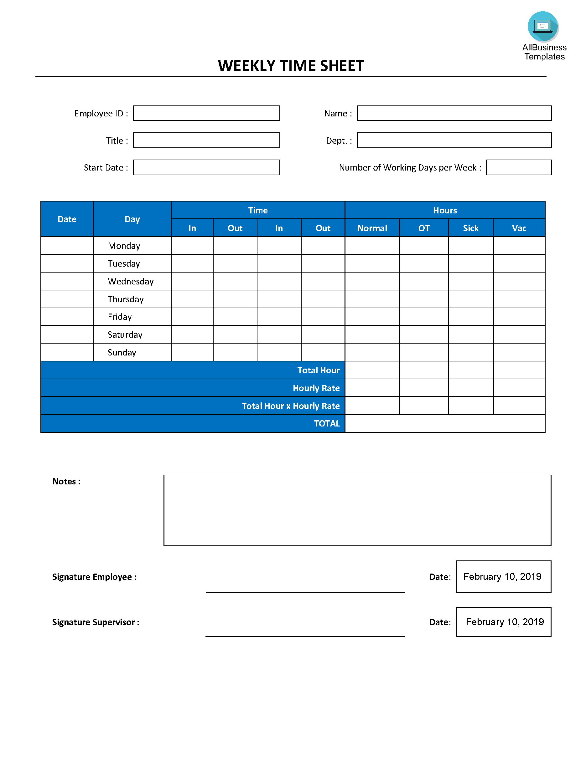 weekly time sheet registration form template