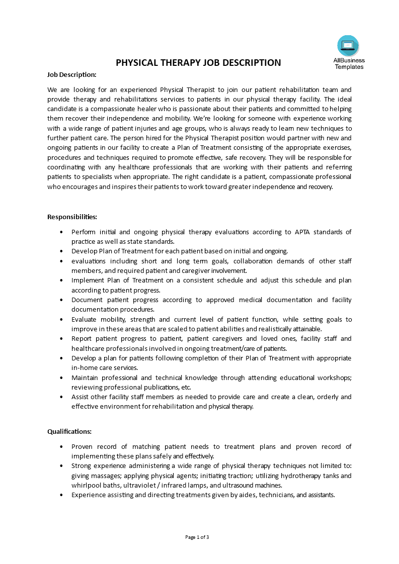 physical therapy job description template