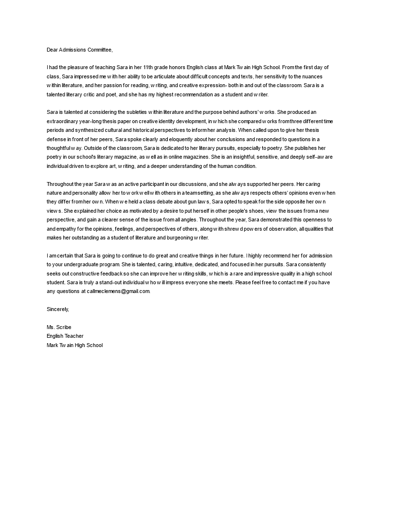 honest recommendation letters for college template