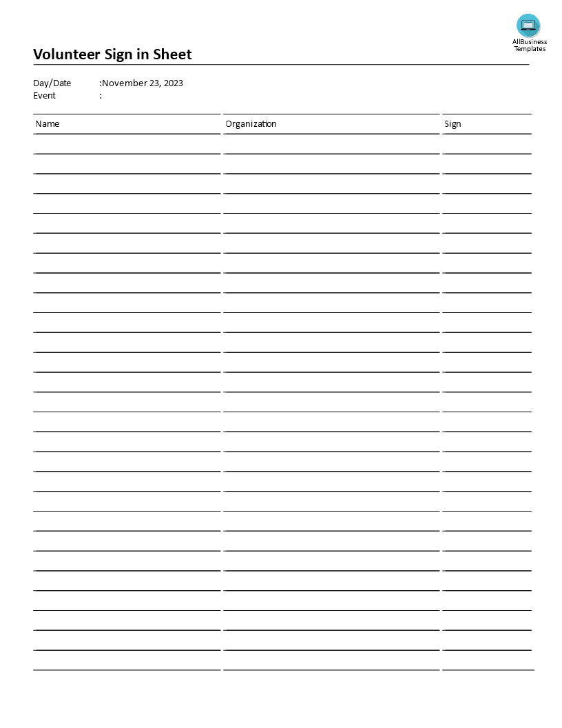 volunteer sign-in sheet template Hauptschablonenbild