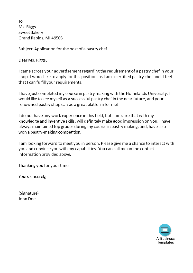 write an application letter to a bakery