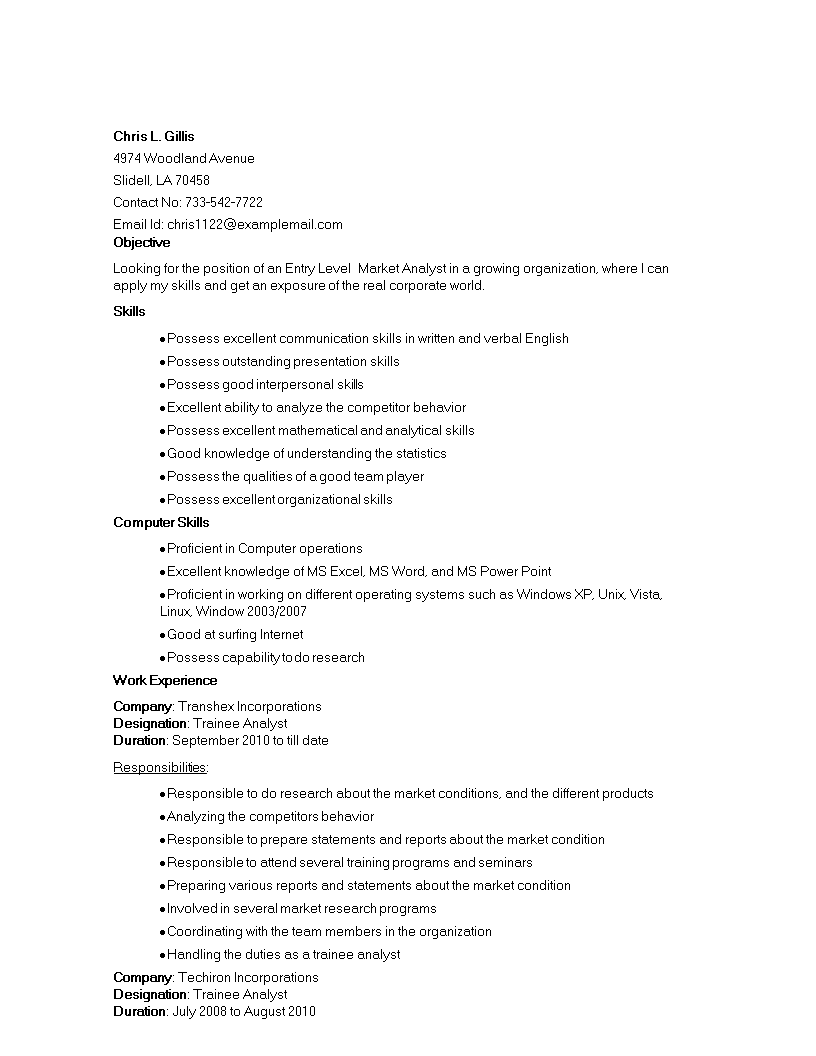 entry level marketing analyst resume template