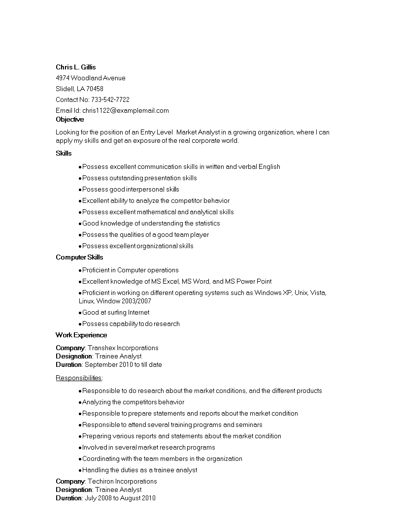 Entry Level Marketing Analyst Resume main image