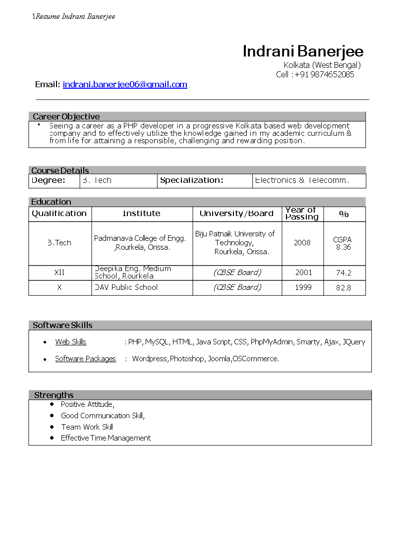 resume format for php developer